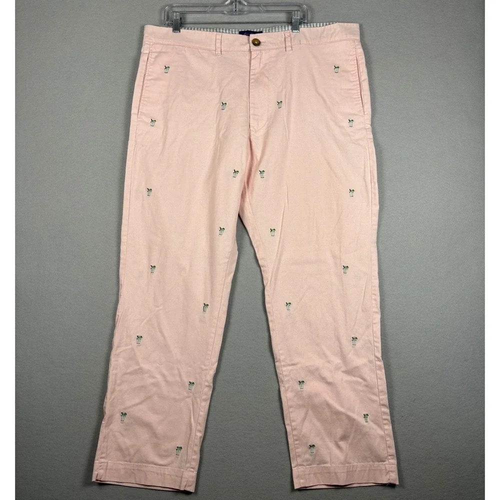 Alan Flusser Embroidered Cocktail Chino Pants 40 Pink Stretch Cotton Summer Mens